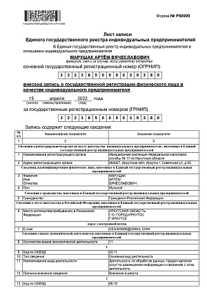 Лист записи Единого государственного реестр ИП